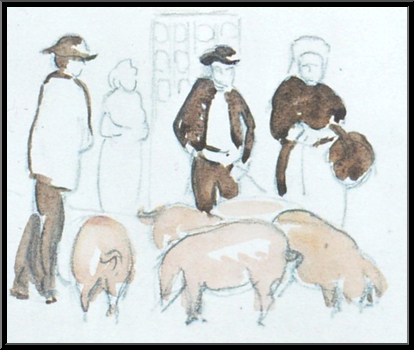 Marguerite-Paulet-croquis-au-marche-hommes-et-cochons