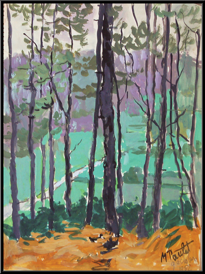 Marguerite-Paulet-Rideau d'arbres sur fond violet